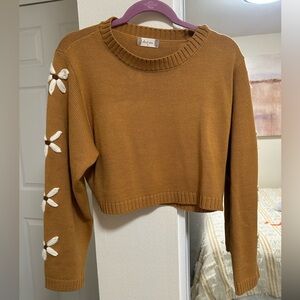 Mustard Cropped Crewneck Sweater with Floral Embroidery